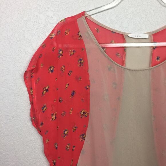 LUSH Sheer Blouse w/ Bright Coral Floral Pattern - Picture 2 of 6